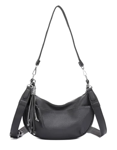 ITALYSHOP24 DAMEN TASCHE MOON Bag Crossbody Runde Schultertasche Hobo Bag Taschenanhänger Umhängetasche Shopper Crossover Handtasche Halbmond Leder Optik Reise (Grau)