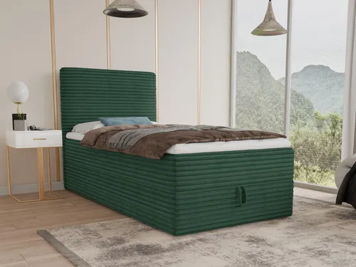Boxspringbett Mollo Mini - Komfortables Einzelbett mit Bettkasten und Topper - Betten – Praktischer Bettkasten für zusätzlichen Stauraum und eine mittelfeste Bonell-Federkernmatratze für erholsamen Schlaf.