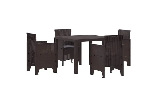 vidaXL 5-tlg. Garten-Essgruppe mit Kissen Braun Poly Rattan - Gartenmöbel-Set mit quadratischem Tisch und 4 bequemen Stühlen, ideal für sonnige Terrassen. Robust und wetterfest, perfekt für gesellige Mahlzeiten im Freien – stilvoll und einladend.
