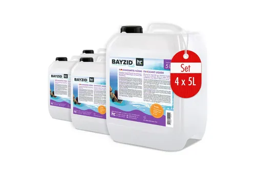 BAYZID 4x 5 L Flockungsmittel flüssig für Pools - Poolzubehör für glasklares Wasser, hocheffektiv gegen Trübungen und pH-neutral, ideal für Sand- und Glasfilter. Sorgt für optimales Badevergnügen!