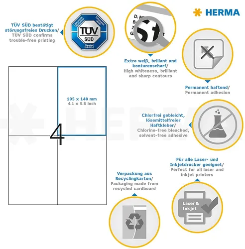 Herma Premium 4627 Etiketten weiß 105 x 148mm, 800 Stück - Universal-Etiketten, selbstklebend und bedruckbar, ideal für Kopierer und Drucker. 100% recyclingfähig und mit lösungsmittelfreiem Kleber, Made in Germany.