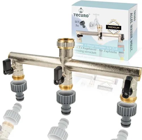 tecuro 3-Wege Verteiler 3/4 Zoll mit Kugelventilen - Bewässerungssystem: Hochwertiger 3-Wege Wasserverteiler aus Messing mit 3 Kugelventilen für präzise Steuerung der Bewässerung.