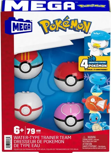 MEGA Pokémon Actionfigur Bauspielzeug-Set - Wasser-Typ Trainerteam - Actionfiguren für Kinder, mit 4 beweglichen Wasser-Pokémon und 79 Teilen, ideal zur Förderung von Kreativität und Problemlösungsfähigkeiten.
