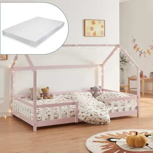 [en.casa] Kinderbett Sisimiut mit Matratze 120 x 200 cm - Betten mit einladender Hausoptik und effektivem Rausfallschutz, ideal für ein sicheres und gemütliches Kinderzimmer.