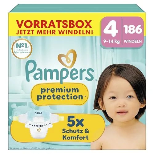 Pampers Premium Protection Größe 4, 186 Windeln, 9kg-14kg von Pampers