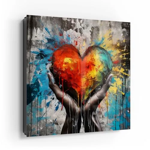 DEQOART Schlüsselkasten schwarz | 30x30 cm | Motiv Herz in Händen | Glas & Metall Schlüssel-Box | Schlüsselschrank mit 50 Haken + 2 Magnete | Moderne Box magnetisch & beschreibbar