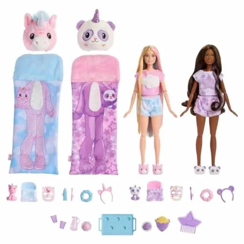 Mattel Barbie Cutie Reveal Pyjamaparty Deluxe Set - Über 35 Überraschungen, inklusive 2 Puppen und 2 Haustieren für ultimativen Pyjamapartyspaß
