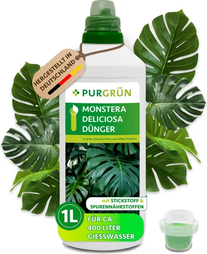 Purgrün Monstera Dünger - NPK 10+4+6, 1L Flüssigdünger für kräftige Pflanzen - Dünger für Monstera Deliciosa – Fördert gesundes Wachstum und große Blätter mit mineralischer Nährstoffzusammensetzung für schnelle Aufnahme und hohe Ergiebigkeit.
