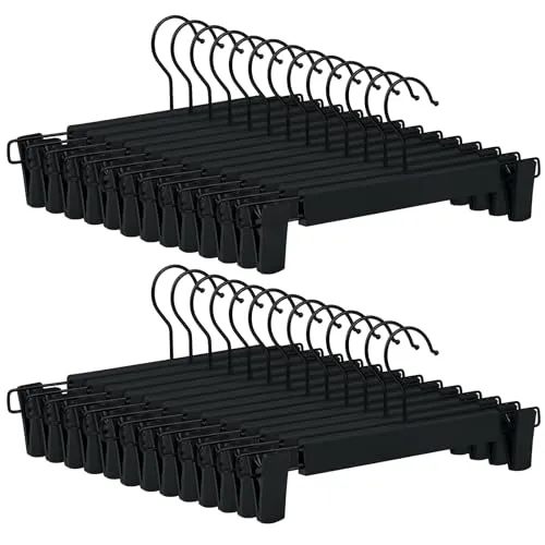 Tekenewbse 20 Stück Hosenbügel Platzsparend, Kleiderbügel Hosen Klemmbügel Plastik Rockbügel Kleiderbügel Mit Klammern, Platzsparende Aufhänger für Bügel Hängende Hosen Socken Röcke Mäntel (Schwarz)