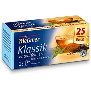 Meßmer Tee Klassik, entkoffeiniert, 25 Teebeutel - Teesorte: Entkoffeinierter feiner Schwarztee in hochwertiger Aromaschutzumhüllung, ideal für genussvolle Momente ohne Koffein.