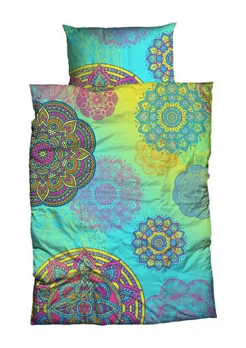sister s. Baumwoll-Satin Bettwäsche Eivissa blau grün 135 x 200 cm - Bettwäsche-Set mit trendigen Mandalas in bunten Regenbogenfarben, pflegeleicht und hautfreundlich, 2-teilig mit Reißverschluss, ideal für jede Jahreszeit.
