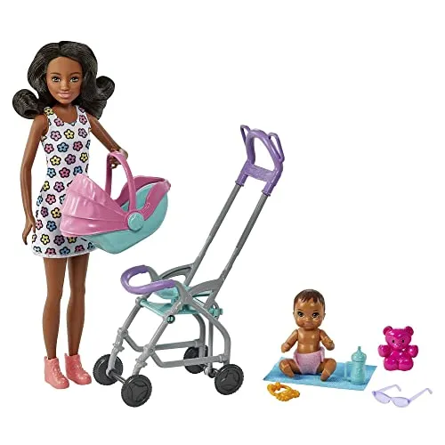 Barbie Skipper Babysitter Inc, Skipper mit schwarzen Haaren, Baby mit braunen Haaren, Kinderwagen, Babytrage, Zubehör, inkl. 2 Puppen, Geschenk für Kinder, Spielzeug ab 3 Jahre,HHB68