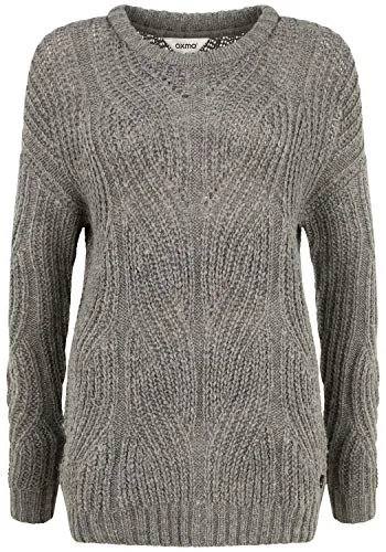 OXMO Chiara Damen Strickpullover Grobstrick Pullover mit Rundhalsausschnitt, Größe:L, Farbe:Medium Grey Melange (1802011)