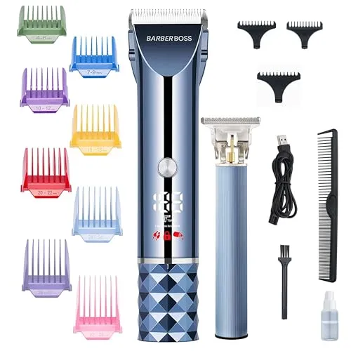 Barberboss Haarschneidemaschine, Bart- und Haarschneider-Set für Herren - Haarscherer mit selbstschärfenden Titan-Keramik-Klingen und 8 farbigen Kammaufsätzen für kreative Styles. Kabellos, USB-aufladbar und mit 2 Stunden Laufzeit für mühelose Pflege.