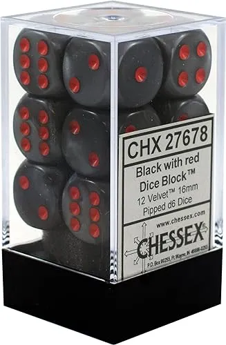 Chessex 16mm d6 with pips Dice Blocks (12 Dice) - Velvet Black w/red
