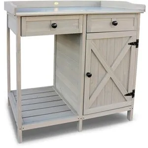 Habau Pflanztisch 3088, grau, mit Unterschrank und Schubladen - Pflanzenzubehör mit verzinkter Arbeitsfläche und viel Stauraum, ideal für rückenschonendes Gärtnern. Praktische Ablage und einfache Reinigung nach der Gartenarbeit.