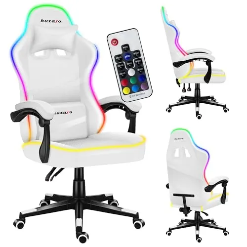 Huzaro Force 4.4 RGB White Gaming Stuhl - Ergonomischer Gaming-Stuhl mit RGB-Beleuchtung, atmungsaktiven Materialien und verstellbaren Funktionen für maximalen Komfort beim Spielen oder Arbeiten.