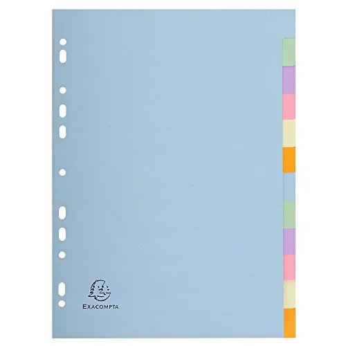 Exacompta 1612E Pastell-Register Forever 10er Pack für DIN A4 aus Recyclingkarton 12-teilig volle Höhe 22 x 29,7 cm vollfarbig 2 x 6 Farben Blauer Engel Pastellcolor Aquarel Trennblätter Trennstreifen