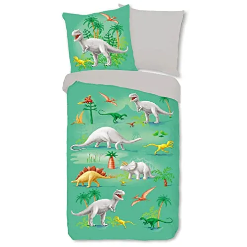 ESPiCO Kinderbettwäsche Dino Grün, 2-teilig - Bettwäsche-Set für Dino-Fans: 100% Baumwolle, atmungsaktiv und temperaturausgleichend für besten Schlafkomfort. Ideal für alle Jahreszeiten.