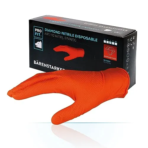 PRO FIT Nitril-Einweghandschuh 50er Pack – Premium Montagehandschuhe, Chemikalienschutzhandschuhe, Diamant-Muster, Latexfrei & ungepudert - 24cm, Orange, Gr. XL