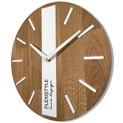 FLEXISTYLE Modern wanduhr ohne tickgeräusche modern wanduhren Holz Badezimmer Wohnzimmer Eiche (Weiß Runden, 30cm)