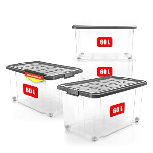 BigDean 60 L Aufbewahrungsbox mit Deckel - robust und rollbar - Aufbewahrungsbehälter mit Deckel, 4 Stück, BPA-frei, stapelbar und mit Rollen für einfachen Transport – ideal für Haushalt, Garten und mehr.