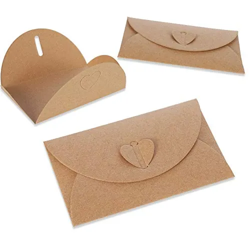 lovingmona Braune Umschläge, Kraftpapier, 17 x 11 cm, Braun, handgefertigt, Samen-Umschläge mit Herzverschluss, für Geschenke, Grußkarten, Dankeskarten, DIY, Hochzeitskarten, 50 Stück