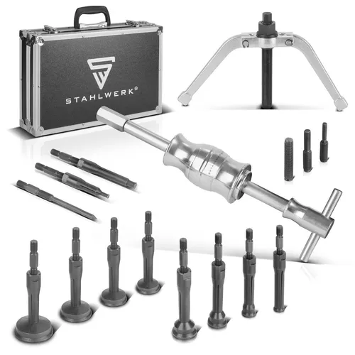 STAHLWERK Grundloch-Innenlager-Abzieher-Satz mit Gleithammer - Lagerabzieher-Set mit 16 Teilen, inkl. Gleithammer und 10 Lager-Abziehern für schnelles und sicheres Abziehen von Innenlagern, ideal für die Fahrzeugwartung.