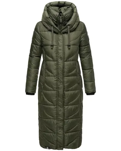 Navahoo Damen Wintermantel - Warmer Steppmantel in Dark Olive - Funktionsjacken: Extralang mit Kapuze, wind- und wasserabweisend, ideal für kalte Tage dank gefüttertem Kragen und Fleece-Außentaschen.