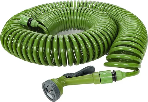 Kinzo Garden Spiral-Gartenschlauch mit Multifunktionsdüse - Gartenschläuche mit 5 Sprühfunktionen, flexibel dehnbar von 1,6 auf 30 m und platzsparend aufrollbar, ideal für alle Gartenarbeiten.