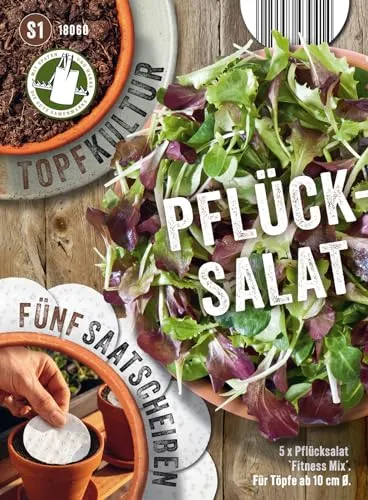 Saatscheiben Salat-Mix, 5 Stk, 8 cm Durchmesser, 10g, Anzucht Samen-Set auf der Fensterbank oder dem Balkon, Pflücksalat „Fitness Mix“ Lactuca sativa