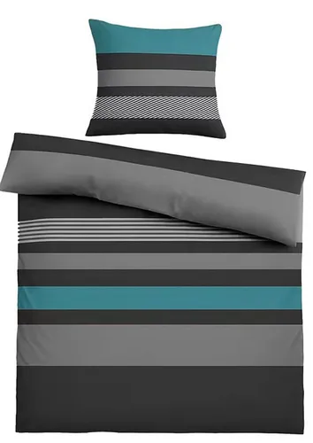 KH-Haushaltshandel Bettwäsche 2-tlg. Biber Winter Bettwäsche 135 x 200 + 80x80cm, quergestreift, Biber, 2 teilig, grau petrol, weiche warme Winterbettwäsche, 100% Baumwolle