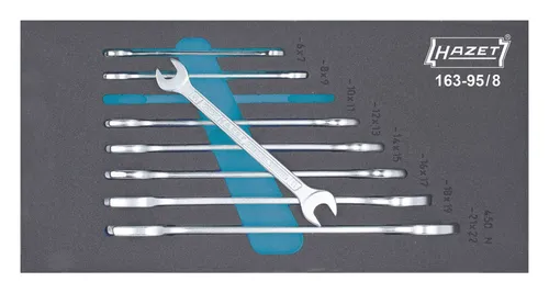 Hazet 163-95/8 Doppel-Maulschlüssel-Satz 8teilig - Schraubenschlüssel-Satz mit Safety-Insert-System für rüttelfeste Aufbewahrung. Ideal für HAZET-Werkzeugwagen, einfach zu reinigen und immer den Überblick über fehlende Werkzeuge behalten.