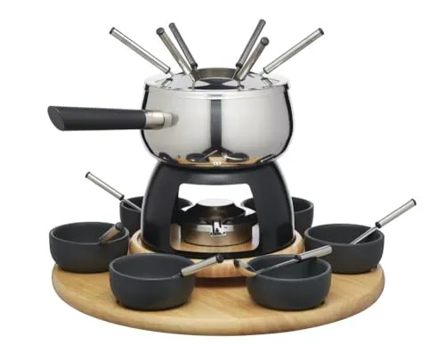 Artesà Fondue-Set mit Lazy Susan Drehteller - Fondues: 22-teiliges Set mit Edelstahl-Fondue-Topf, Brenner und Dippschalen – perfekt für gesellige Abende!