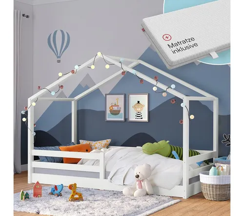 Bellabino Hausbett Abia mit Lattenrost und Rausfallschutz (weiß, mit Matratze), bodentiefes Kinderbett 90x200 cm, auch verfügbar in 120/140x200 cm
