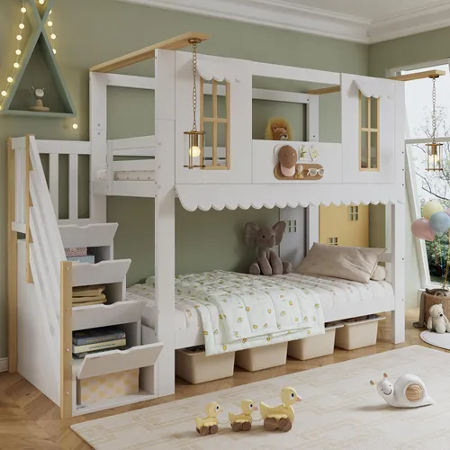 Etagenbett mit 2 Schlafgelegenheiten, 90x200 cm, Kiefer mit Stauraum - Praktisches Etagenbett für 2 Kinder mit Lattenrost und Treppe. Der integrierte Stauraum und der umlaufende Absturzschutz sorgen für Sicherheit und Ordnung im Kinderzimmer.