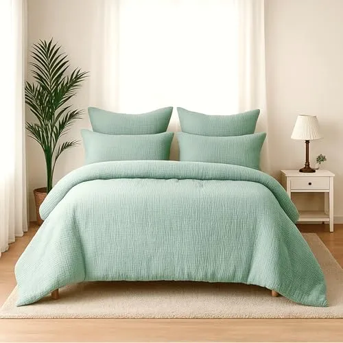 Wolkenfeld Musselin Bettwäsche 220x240 mit Reißverschluss – Aus 100 % Baumwolle – Atmungsaktiv & Weich – 2X Bettwäsche Musselin mit 2X 80x80 Kissenbezug Grün