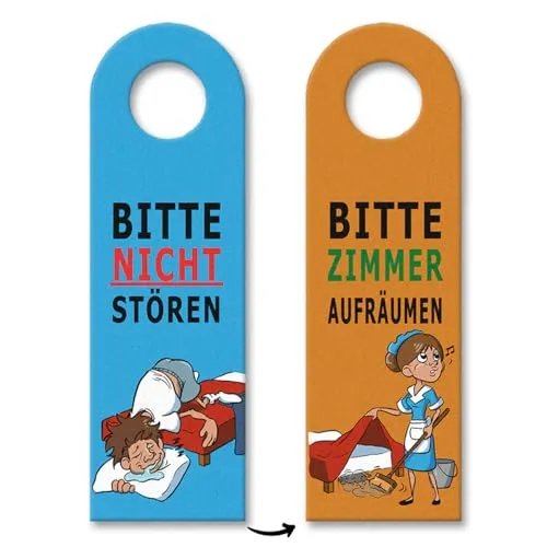 Türhänger 10er Set mit Comic-Motiv - Humorvolle Zimmerbeschilderung - Wand- & Türschilder, witziges 10er Set mit Comic-Motiv für Hotels, ideal um Gästen auf humorvolle Weise Ruhe oder Reinigung anzubieten.