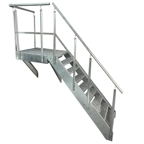 Premium Podesttreppe 9 Stufen mit Podest 100x100cm – Wetterfest und Verzinkt - Ideal für den Außenbereich: Diese robuste Treppe ist wetterfest und korrosionsgeschützt. Made in Germany mit 3 Jahren Garantie. Einfache Montage und vielseitig einsetzbar als Gartentreppe oder Balkontreppe.