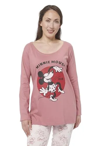Disney Minnie Mouse Schlafanzug für Damen - Pyjama Set Langarm Oberteil mit Hose Pink/Rosa (DE/NL/SE/PL, Alphanumerisch, S, Regular, Regular, Pink/Rosa)