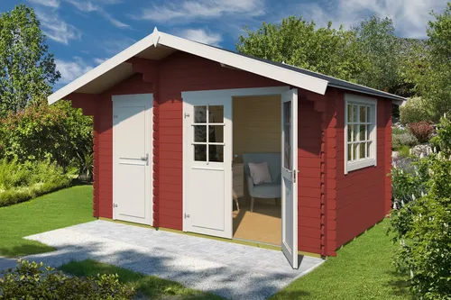 Gartenhaus Blockhaus Satteldach 28 mm Keila 28 rot 400x270 cm - Gartenhaus aus robustem Holz mit 28 mm Wandstärke und abschließbarem Satteldach. Ideal für Gartenlagerung und Freizeitgestaltung, inklusive Holzfußboden und Echtglasfenster.