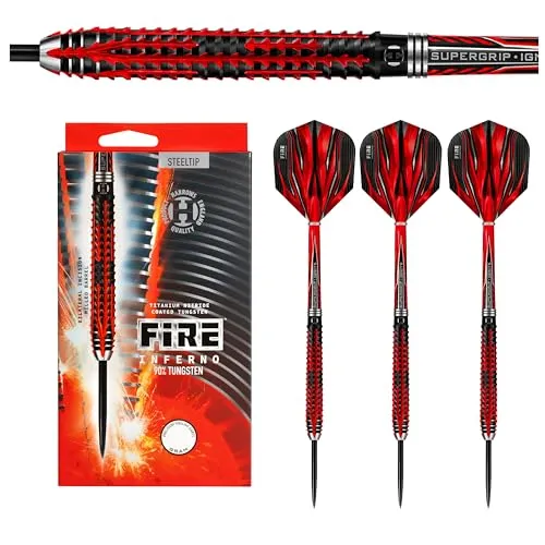 Fire Inferno 90% Tungsten Darts - Profi Darts-Set mit Stahlspitze - Steel-Dartpfeile mit 90% Wolfram, robusten Titannitrid-Beschichtungen und Supergrip Ignite Shafts für optimale Kontrolle und Präzision beim Spielen.