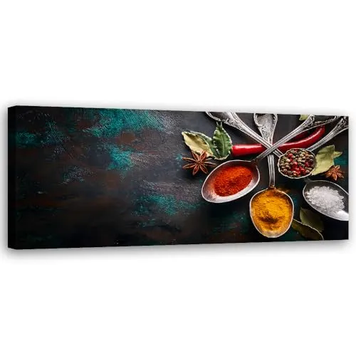 Feeby Leinwandbild - Bilder Wohnzimmer - Gewürze in der Küche - 90x30 1tlg - Deko Schlafzimmer - Wanddekoration - Aesthetic - Groß Moderne Bild - Foto auf Leinwand