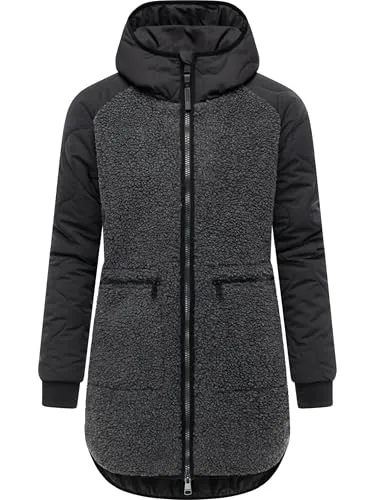 Ragwear Damen Teddyfleece Kurzmantel warmer Plüschmantel mit Kapuze Longeddy YOUMODO Black025 Gr. XL