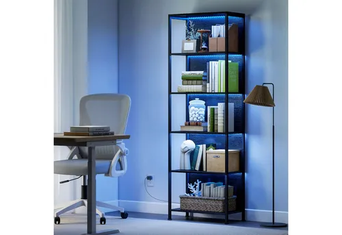HOMCOM Bücherregal mit LED-Beleuchtung, 5 Ebenen, Schwarz - Gestalten Sie Ihre Bücherregale mit 7 wählbaren LED-Farben und schaffen Sie eine stimmungsvolle Atmosphäre. Mit einem stabilen Stahlrahmen und fünf Ebenen eignet sich das Regal ideal für Bücher, Ordner und mehr.