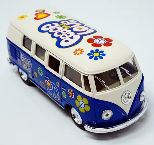 Modellauto VW T1 Bus Peace and Love 1962 blau / beige Rückziehmotor Volkswagen