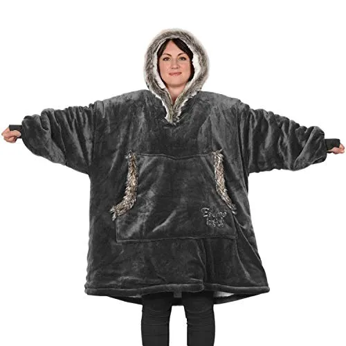 Produktbild Snug Rug Eskimo Decke mit Ärmel Pullover Decken-Kapuzenpullover Übergroße Sweatshirt Hoodie Kuscheldecke mit Ärmeln Kapuze hochwertiges Sherpa-Fleece für Herren und Damen Einheitsgröße Grau