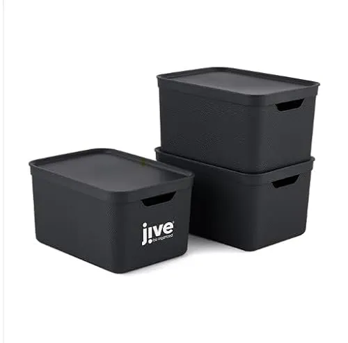 Jive Dekobox 3er- Set Aufbewahrungsbox 16l mit Deckel, Kunststoff (PP recycelt), dunkelgrau, 3x16l (37.5 x 27.8 x 29.8 cm)