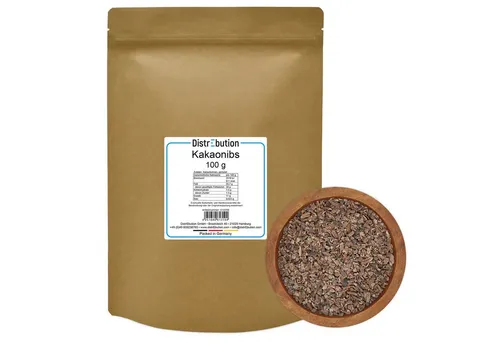 DistrEbution Kakao Kakaonibs geröstete Kakao Nibs aus rohen Kakaobohnen gewonnen, 100 g, Vielseitig einsetzbar