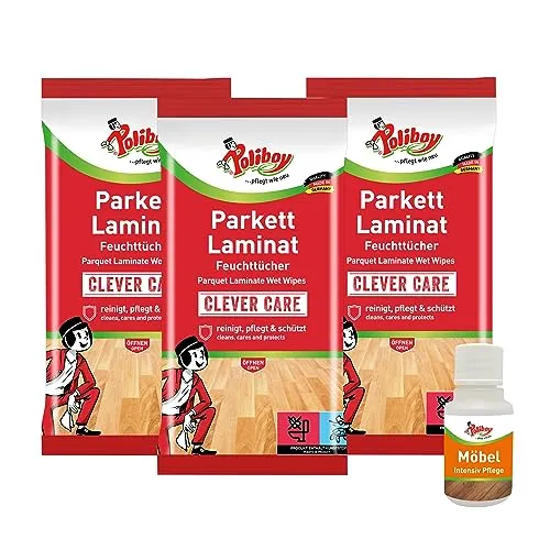 POLIBOY Parkett Laminat Feuchttücher - 3x 15 Tücher zur mühelosen Bodentpflege - Haushaltsreiniger: Effektive Reinigung und Pflege für Parkett, Laminat und mehr mit natürlichem Jojobaöl. Ideal für Familien und Haustierbesitzer, wischen ohne Wasser!